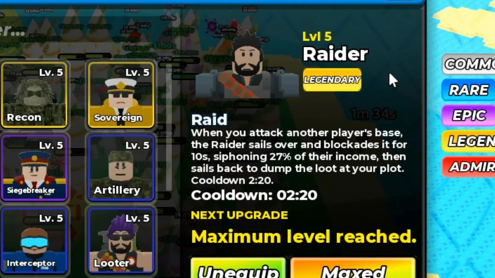 Merge a Nuke COMMANDERS menu displaying the level 5 Legendary Raider card whose Raid ability blockades an enemy base for 10 seconds and siphons 27 percent of its income. Merge a Nuke COMMANDERS menu displaying the level 5 Legendary Raider card whose Raid ability blockades an enemy base for 10 seconds and siphons 27 percent of its income.