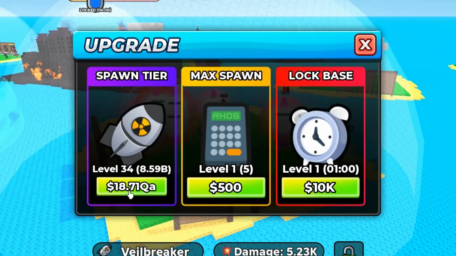 Merge a Nuke SPAWN TIER upgrade panel reading Level 36 in the middle of a repeated-raid leveling run, with the next level cost button beneath it. Merge a Nuke SPAWN TIER upgrade panel reading Level 36 in the middle of a repeated-raid leveling run, with the next level cost button beneath it.