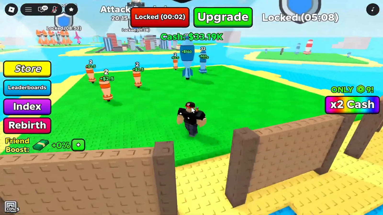 Merge a Nuke starter island showing Spark Popper missiles with DMG 200 generating early cash on green pads. Merge a Nuke starter island showing Spark Popper missiles with DMG 200 generating early cash on green pads.