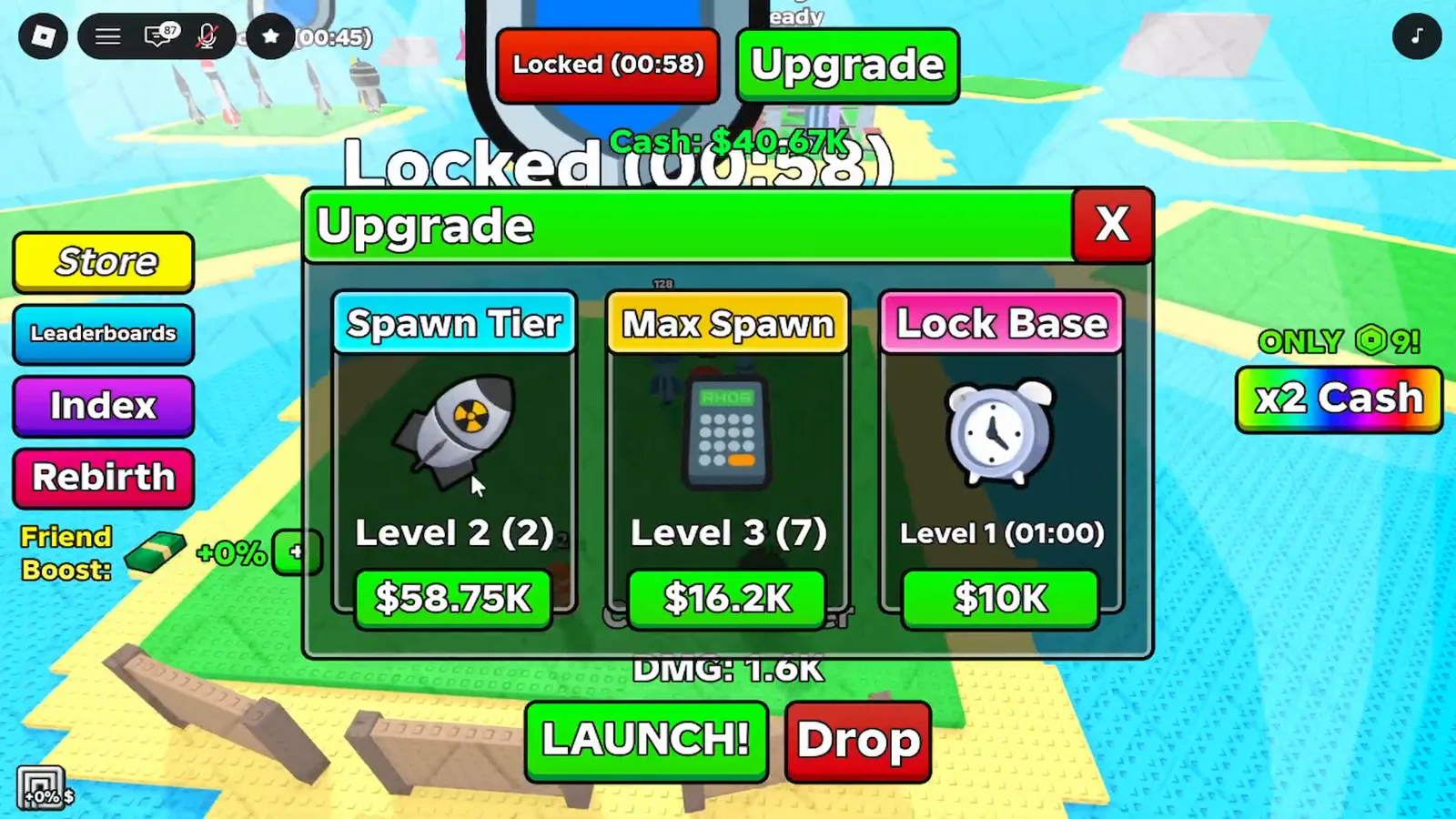 Merge a Nuke Index menu displaying 30 of 55 discovered missiles including Tier 4.29B, Tier 8.59B, and Tier 17.18B targets. Merge a Nuke Index menu displaying 30 of 55 discovered missiles including Tier 4.29B, Tier 8.59B, and Tier 17.18B targets.
