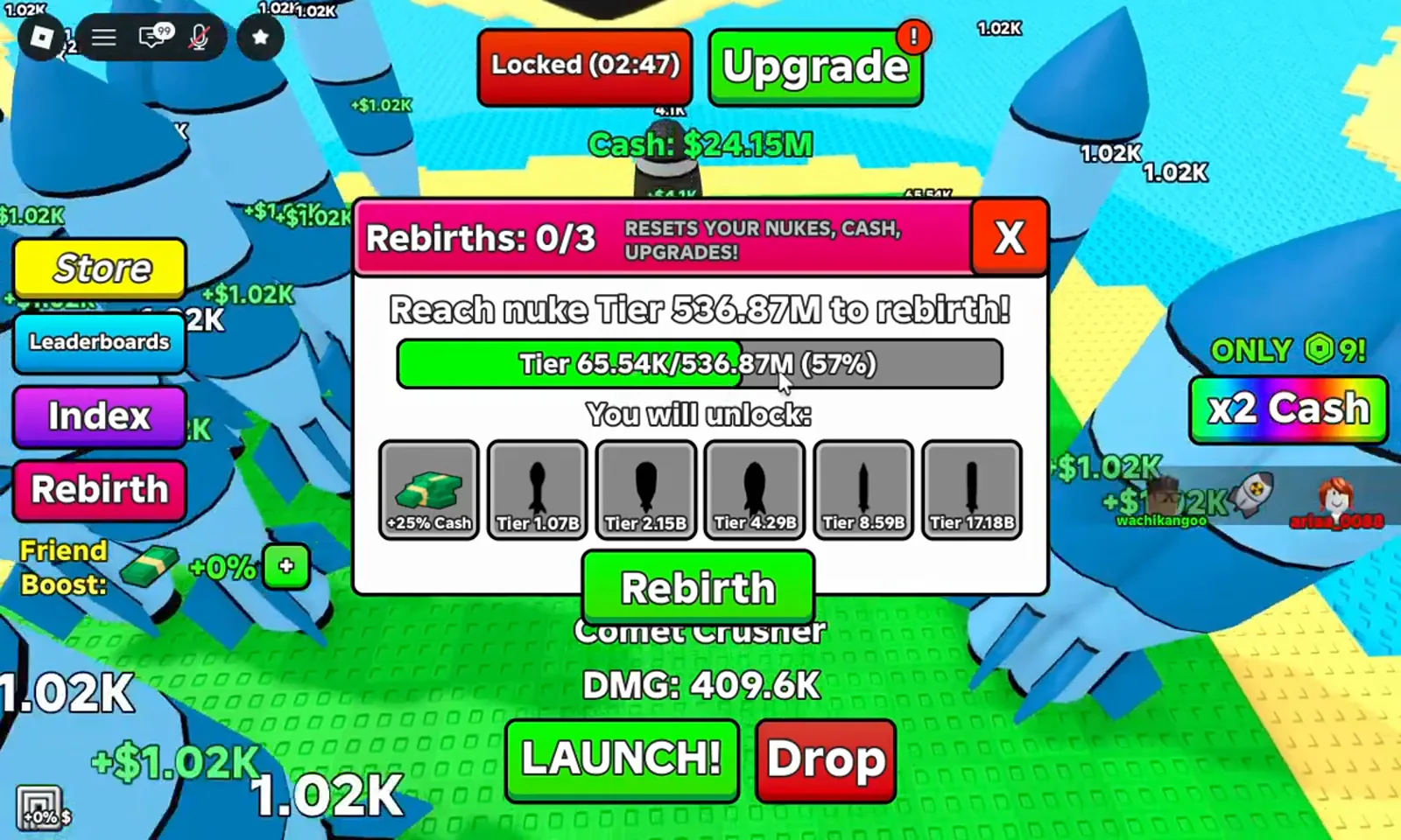 Merge a Nuke grid filled with upgraded nukes after rebirth, showing faster tier progression on the base. Merge a Nuke grid filled with upgraded nukes after rebirth, showing faster tier progression on the base.