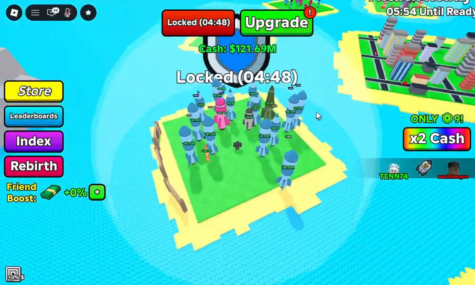 Aerial view of a Merge a Nuke island covered with nukes on launch pads inside a blue Locked shield dome. Aerial view of a Merge a Nuke island covered with nukes on launch pads inside a blue Locked shield dome.