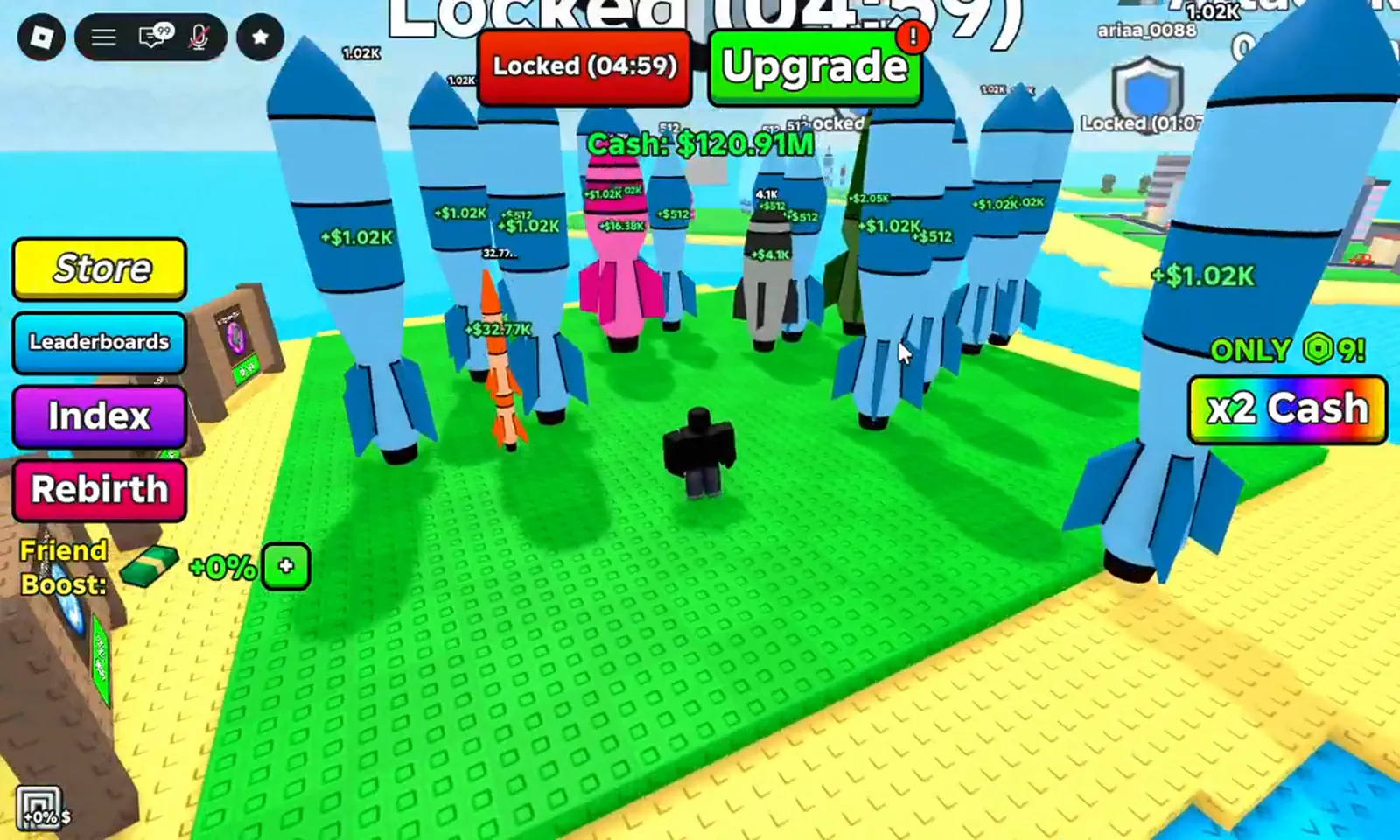 Rows of blue and pink Merge a Nuke missiles on launch pads each showing a cash popup like +$1.02K and +$512. Rows of blue and pink Merge a Nuke missiles on launch pads each showing a cash popup like +$1.02K and +$512.