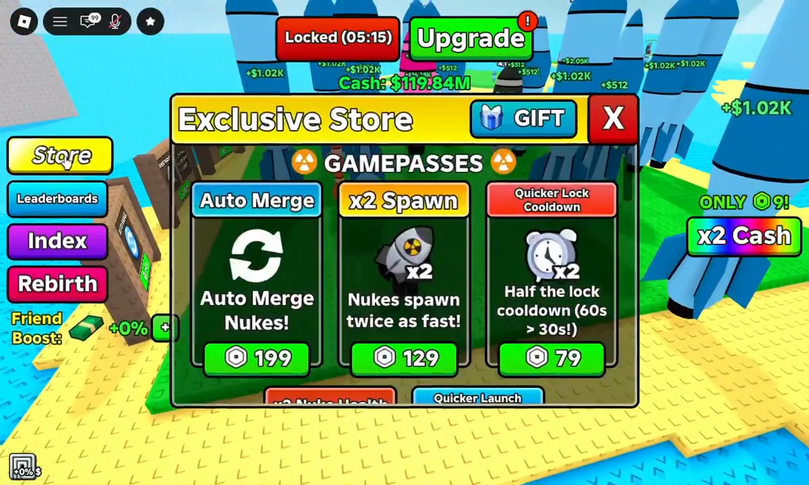 Merge a Nuke Exclusive Store GAMEPASSES tab offering the x2 Spawn, Auto Merge and Quicker Lock Cooldown passes with Robux prices. Merge a Nuke Exclusive Store GAMEPASSES tab offering the x2 Spawn, Auto Merge and Quicker Lock Cooldown passes with Robux prices.