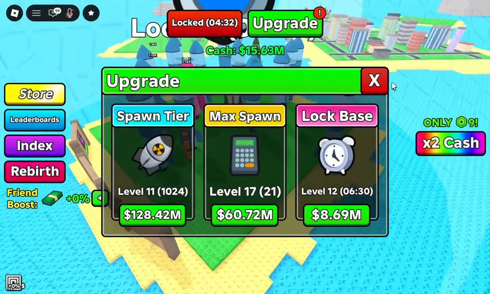 Merge a Nuke Upgrade menu after buying, showing Max Spawn raised to Level 17 (21) and Spawn Tier at Level 11 (1024). Merge a Nuke Upgrade menu after buying, showing Max Spawn raised to Level 17 (21) and Spawn Tier at Level 11 (1024).