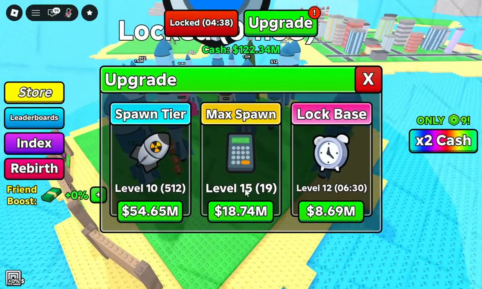 Merge a Nuke Upgrade menu showing the Spawn Tier, Max Spawn and Lock Base rows with level numbers, bracketed values and cash prices. Merge a Nuke Upgrade menu showing the Spawn Tier, Max Spawn and Lock Base rows with level numbers, bracketed values and cash prices.