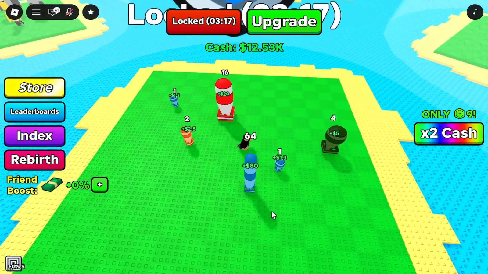 Shockzilla missile on Merge a Nuke island displaying DMG 6.4K, 61.59K cash, and green launch triggers. Shockzilla missile on Merge a Nuke island displaying DMG 6.4K, 61.59K cash, and green launch triggers.
