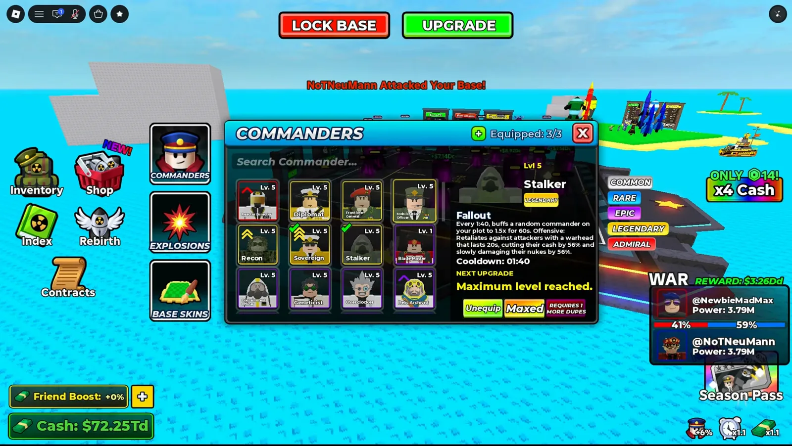 Merge a Nuke Commanders screen highlighting Siegebreaker with Counter Battery and Recon with Crippling Shot perks.
