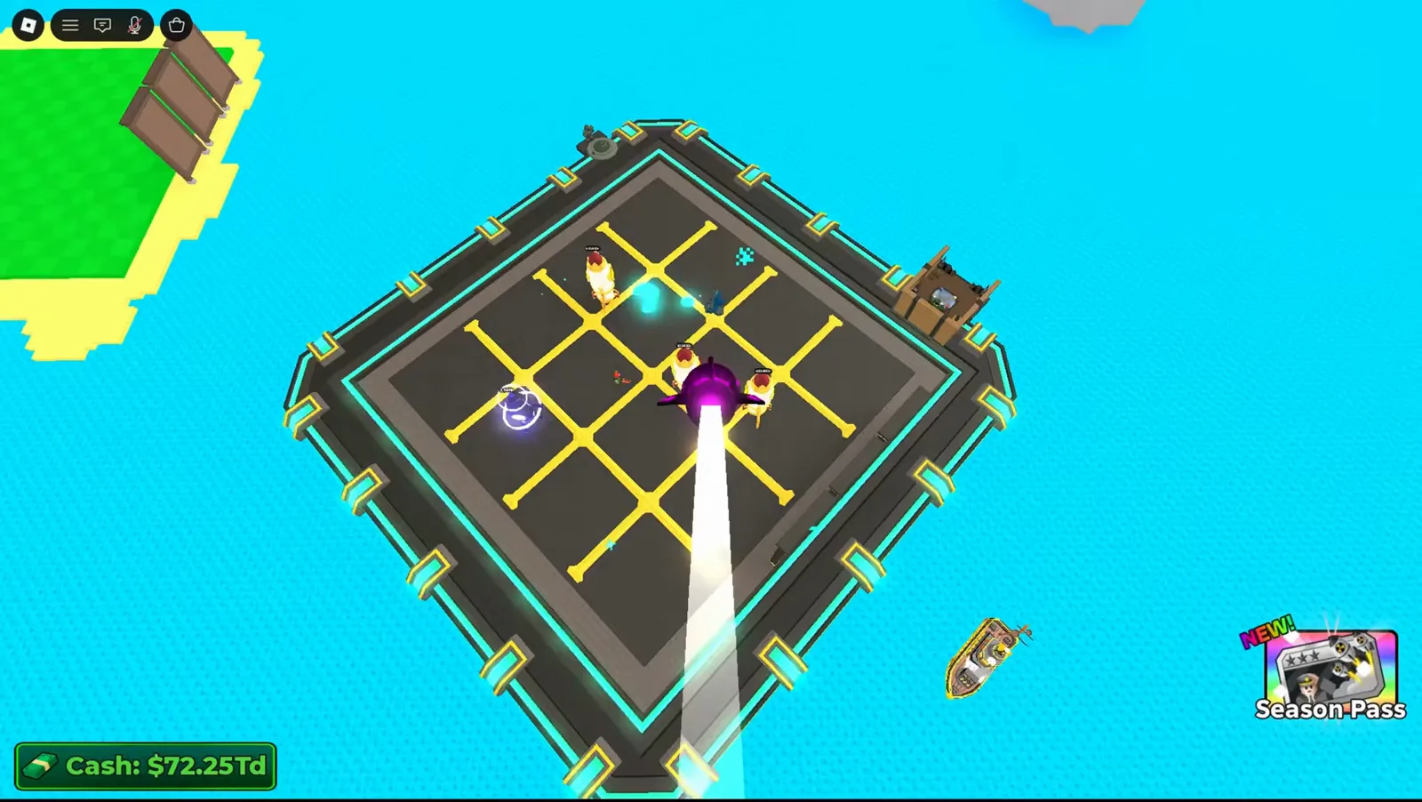 Aerial perspective of an opposing Merge a Nuke base during an attack run, showing grid lanes and docked utility craft.