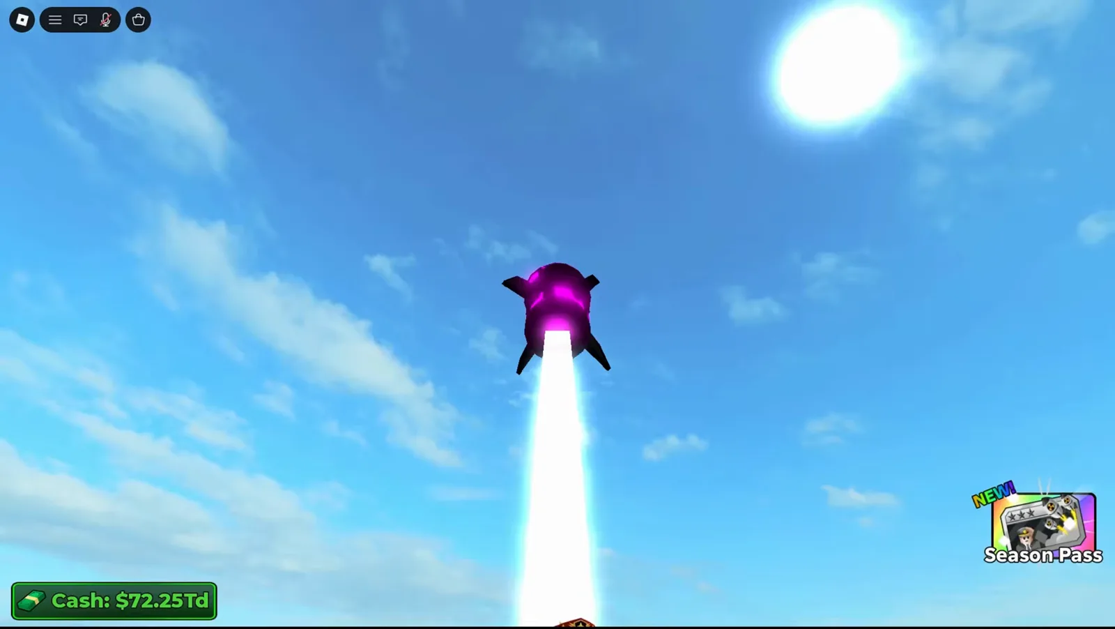 High-tier purple nuclear missile ascending with vertical white trail aimed at an opposing player plot in Merge a Nuke.