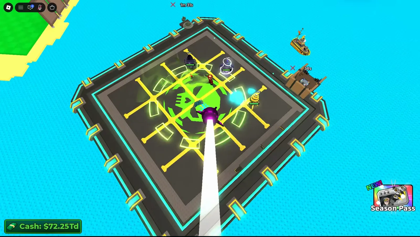 Top-down view of rival player base in Merge a Nuke with neon green skull crosshairs targeting the center launch pad.