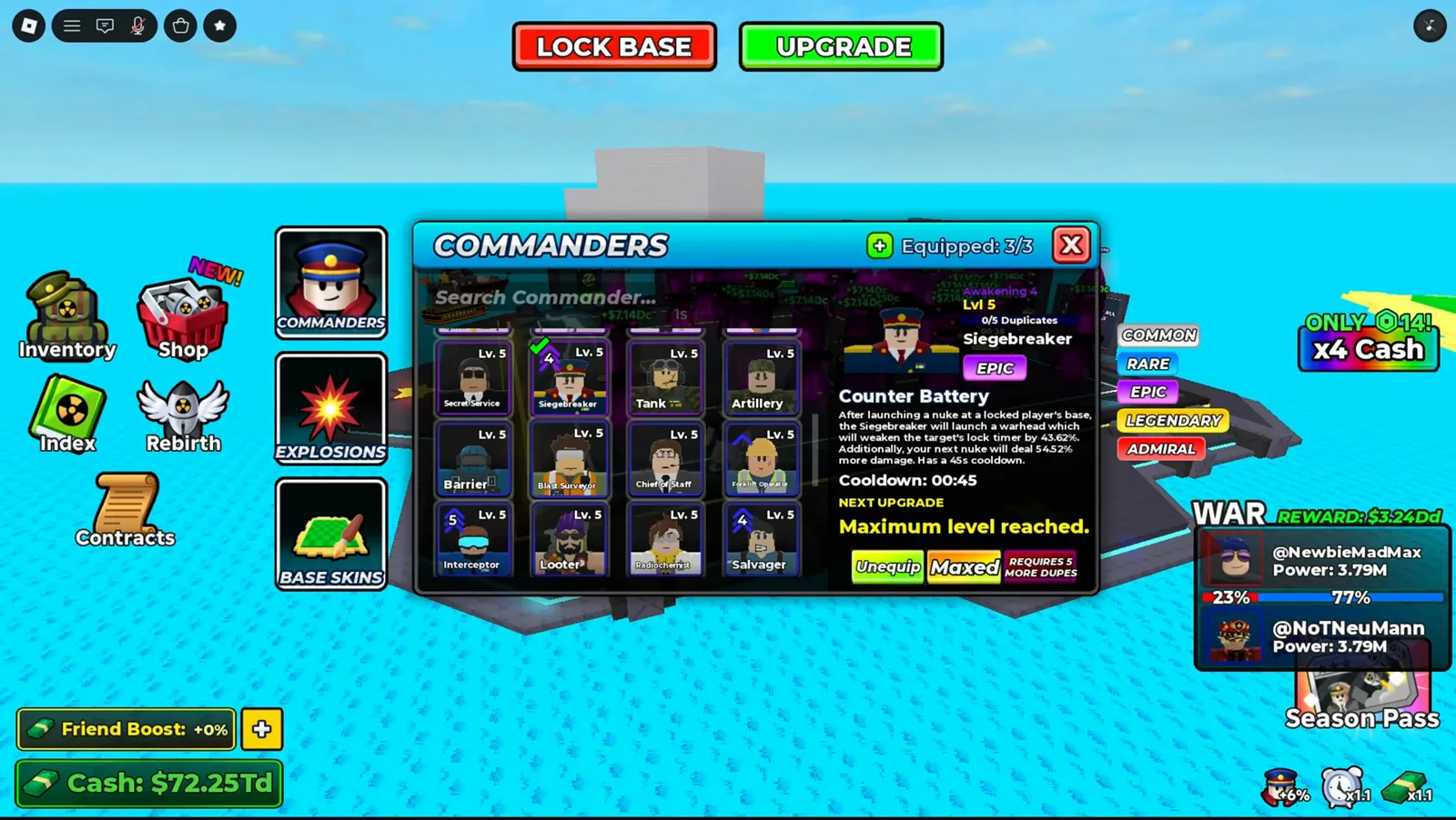 Merge a Nuke WAR HUD displaying a 3.24Dd reward pool with attacker power at 3.79M against defender base.