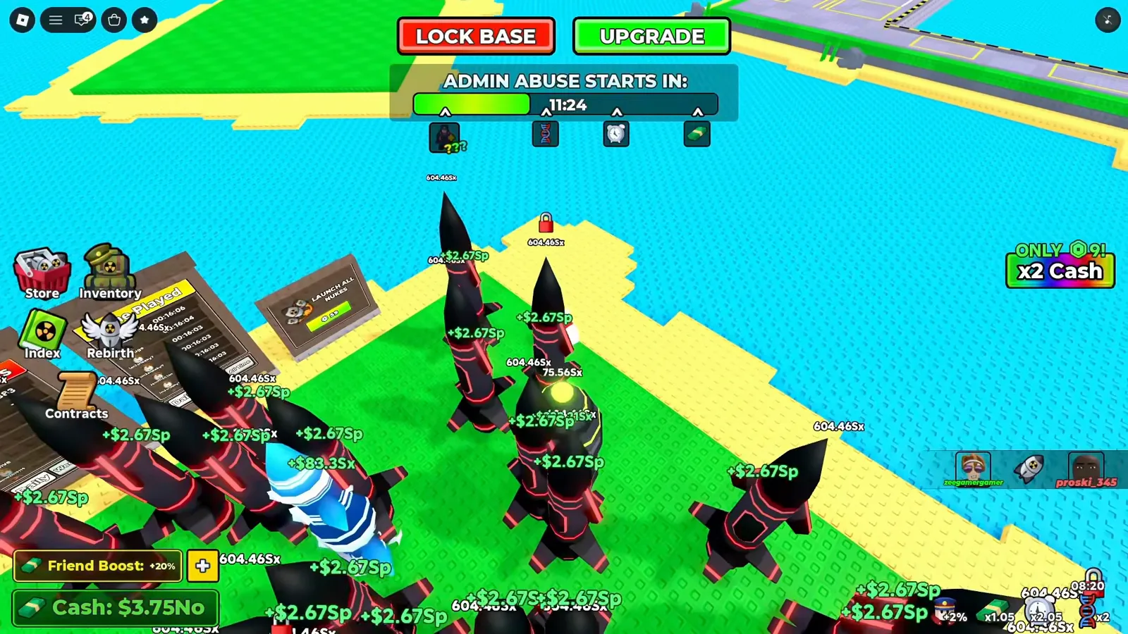 A blue-striped Frost Imbued nuke standing out among dark mutated nukes on a Merge a Nuke base. A blue-striped Frost Imbued nuke standing out among dark mutated nukes on a Merge a Nuke base.