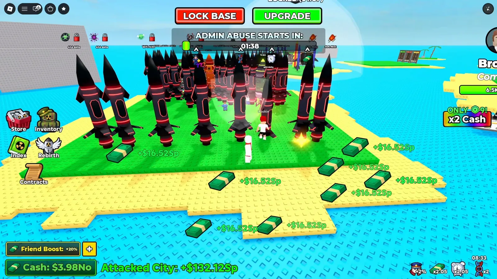 Purple-glowing mutated nukes lined up on a Merge a Nuke base grid during an Admin Abuse countdown. Purple-glowing mutated nukes lined up on a Merge a Nuke base grid during an Admin Abuse countdown.