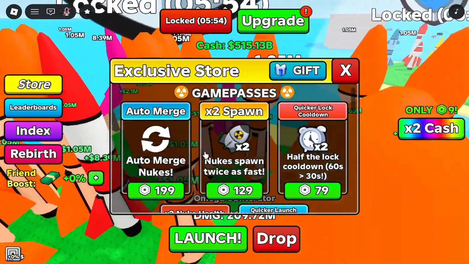 Display do timer de trava de base do Merge a Nuke no HUD contando ganhos offline protegidos com escudo ativo antes do jogador fechar o Roblox. Display do timer de trava de base do Merge a Nuke no HUD contando ganhos offline protegidos com escudo ativo antes do jogador fechar o Roblox.